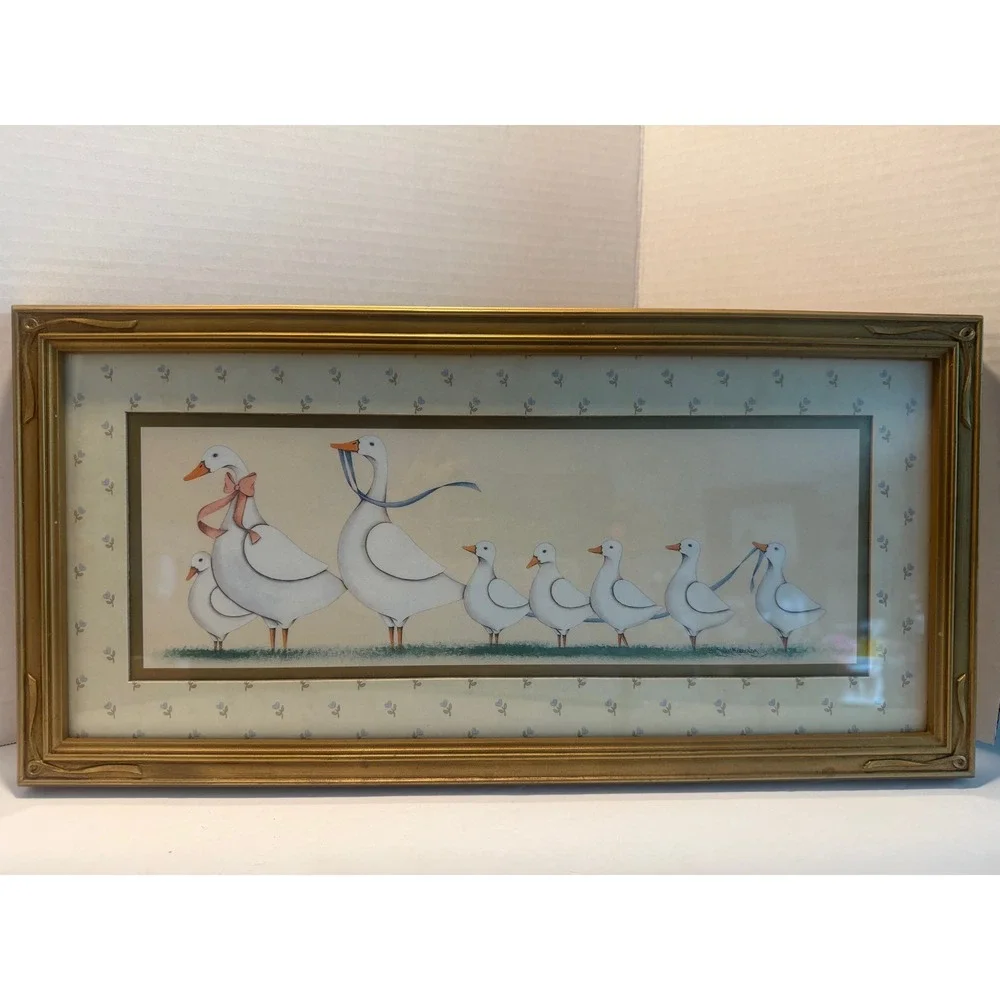 Vintage Homco Gold Framed Gaggle of Geese Family Blue & Pink bowls 18x8